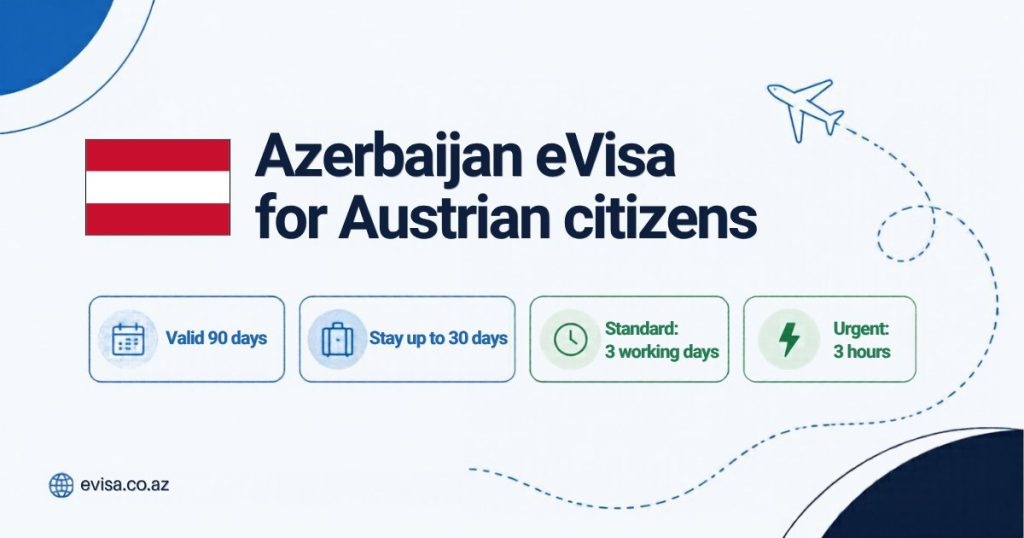 Austrian flag beside the heading Azerbaijan eVisa for Austrian citizens, with the key facts: valid 90 days, stay up to 30 days, standard processing 3 working days, urgent 3 hours