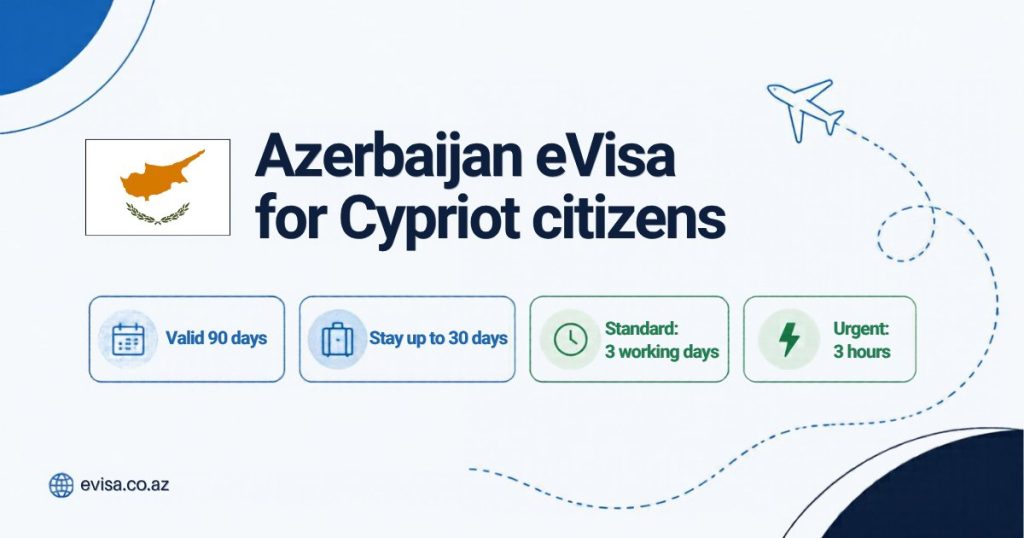 Cypriot flag beside the heading Azerbaijan eVisa for Cypriot citizens, with the key facts: valid 90 days, stay up to 30 days, standard processing 3 working days, urgent 3 hours