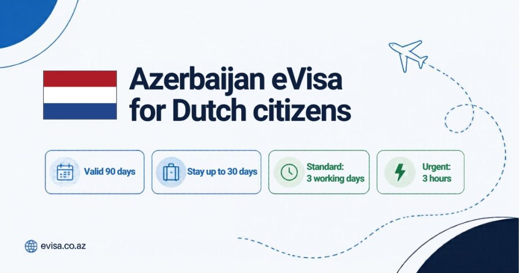 Dutch flag beside the heading Azerbaijan eVisa for Dutch citizens, with the key facts: valid 90 days, stay up to 30 days, standard processing 3 working days, urgent 3 hours