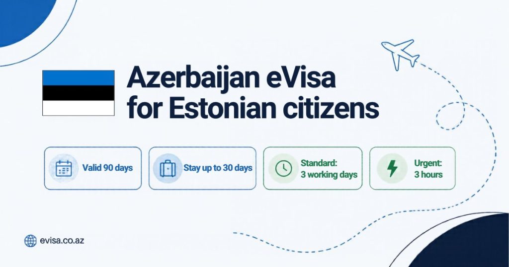Estonian flag beside the heading Azerbaijan eVisa for Estonian citizens, with the key facts: valid 90 days, stay up to 30 days, standard processing 3 working days, urgent 3 hours