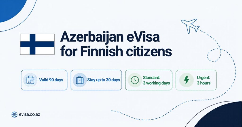 Finnish flag beside the heading Azerbaijan eVisa for Finnish citizens, with the key facts: valid 90 days, stay up to 30 days, standard processing 3 working days, urgent 3 hours