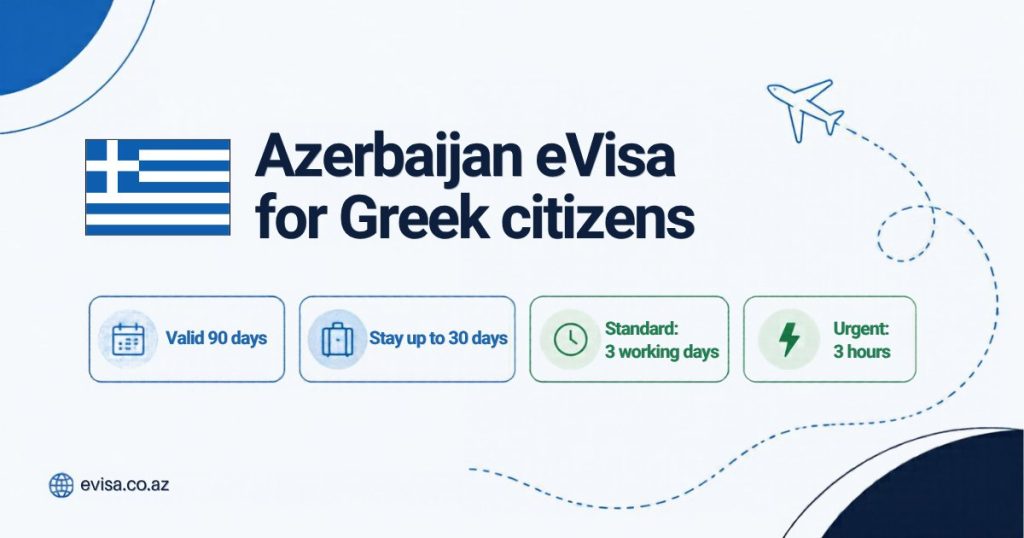 Greek flag beside the heading Azerbaijan eVisa for Greek citizens, with the key facts: valid 90 days, stay up to 30 days, standard processing 3 working days, urgent 3 hours