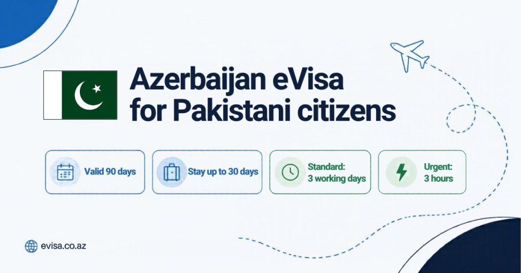 Pakistani flag beside the heading Azerbaijan eVisa for Pakistani citizens, with the key facts: valid 90 days, stay up to 30 days, standard processing 3 working days, urgent 3 hours