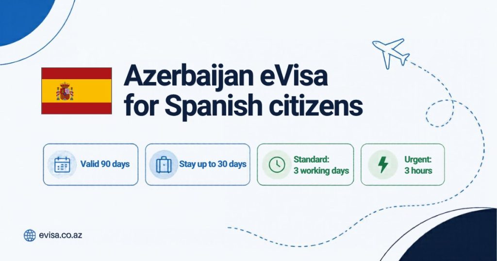 Spanish flag beside the heading Azerbaijan eVisa for Spanish citizens, with the key facts: valid 90 days, stay up to 30 days, standard processing 3 working days, urgent 3 hours