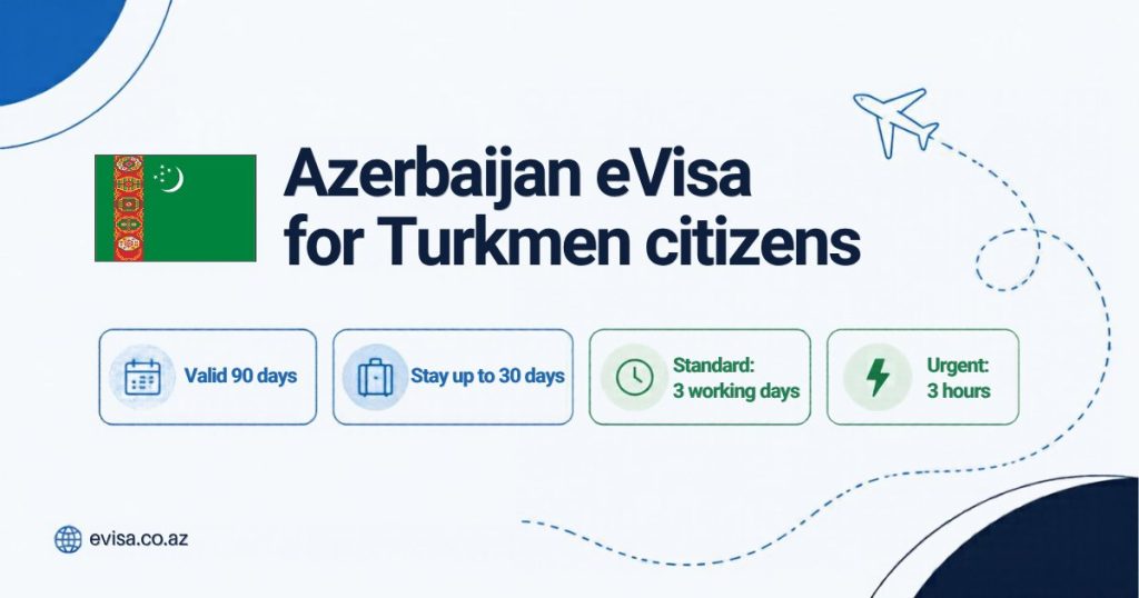 Turkmen flag beside the heading Azerbaijan eVisa for Turkmen citizens, with the key facts: valid 90 days, stay up to 30 days, standard processing 3 working days, urgent 3 hours